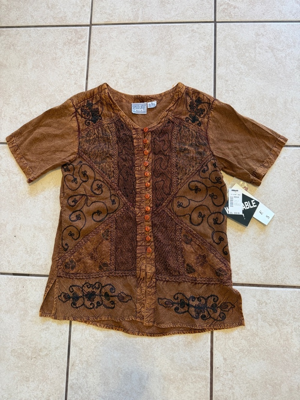 Brown Embroidered Button-Front Women's Top